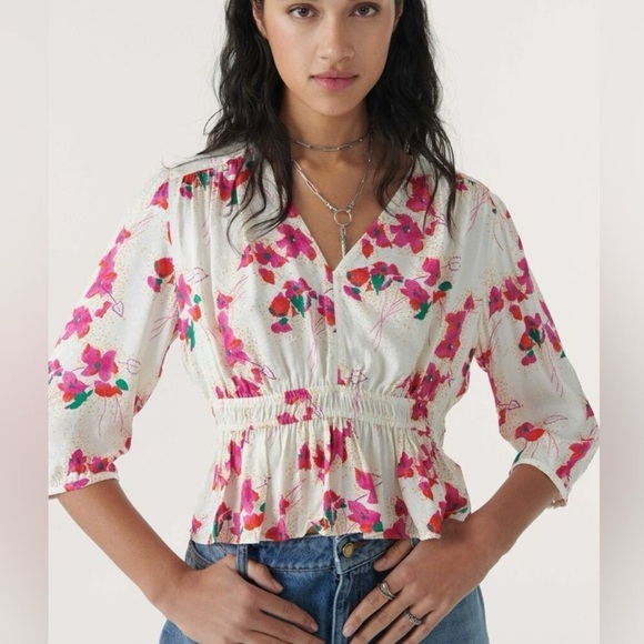 ba&sh Tops - ba&sh Floral V-Neck Crop Ruffle Blouse - Pink and Cream Medium